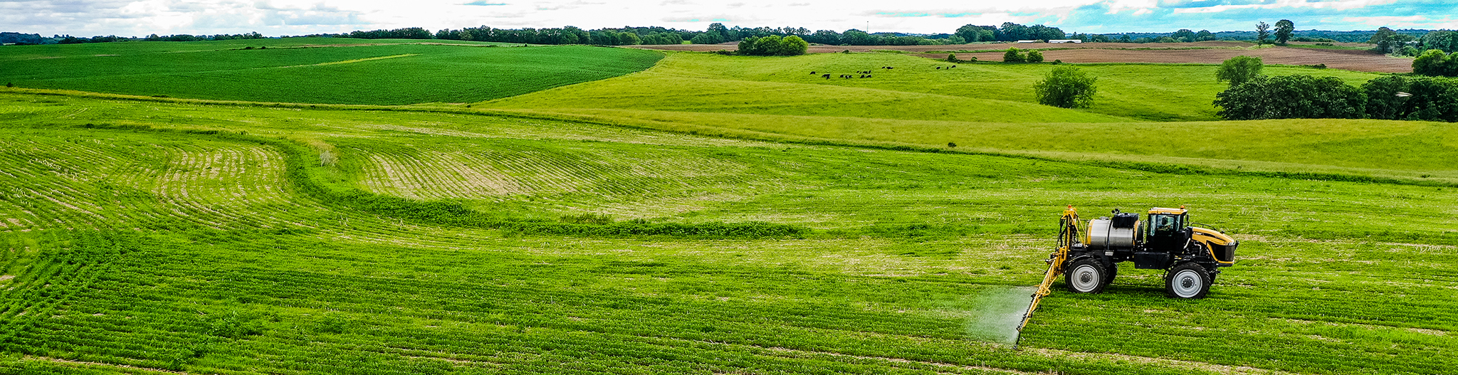 Lone sprayer in beautiful Minnesota green farm field