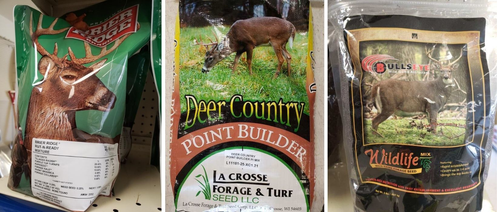 Deer plot seed on a store shelf
