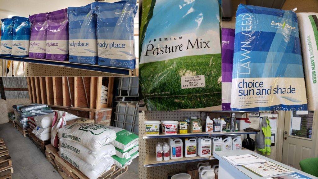 Collage of seed, fertilizer and herbicide product bags on shelves and pallets
